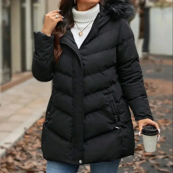 Black Casual Women's Plus Size Quilted Hooded Long Sleeve Mid-Length Padded Coat - Picture 6 of 8